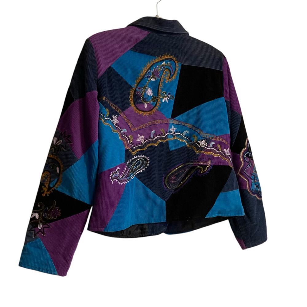 Vintage Y2K Julia Kim Blue Purple Corduroy Paisley Patchwork Blazer Size Medium - Picture 16 of 16